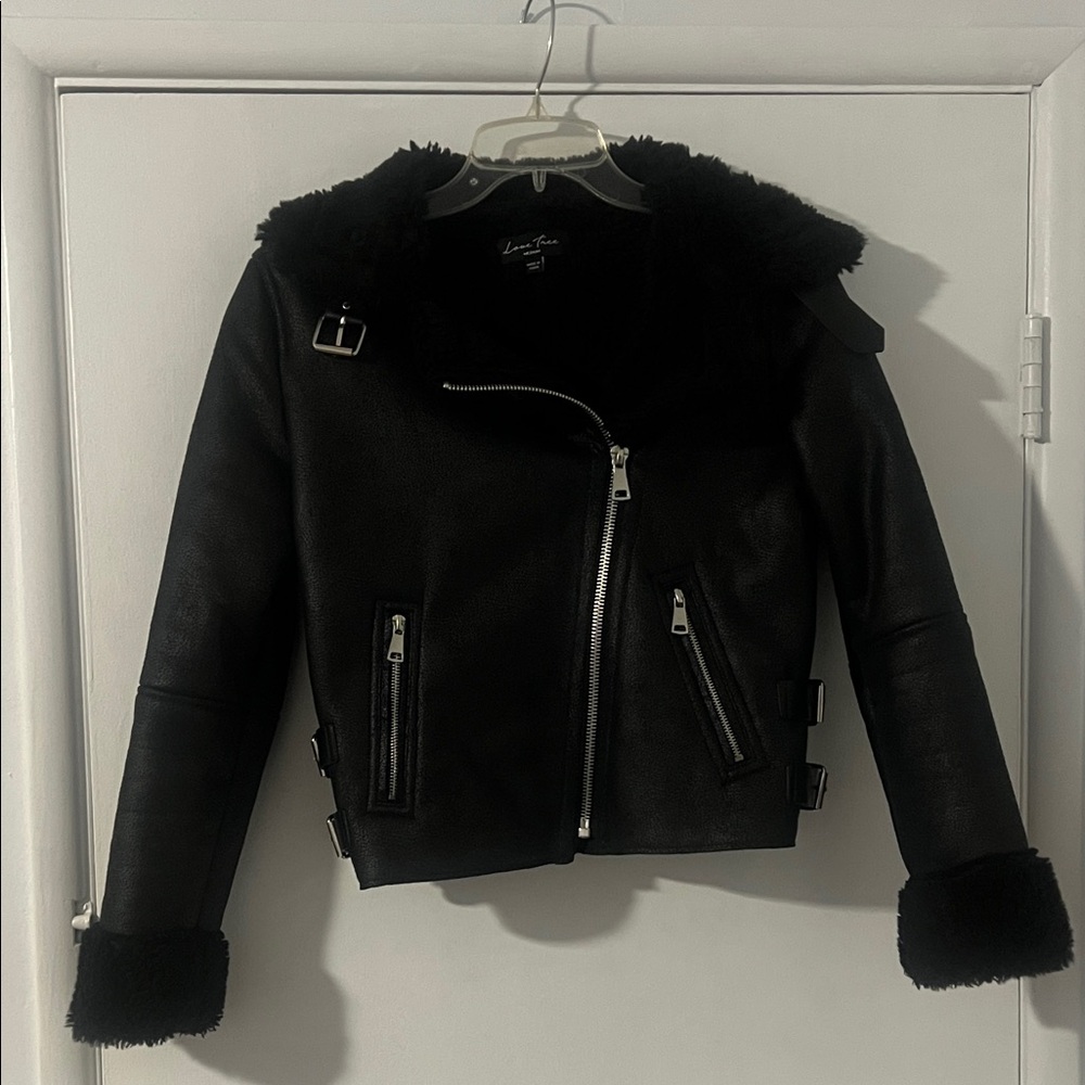 Love Tree Black Faux Fur motto Jacket